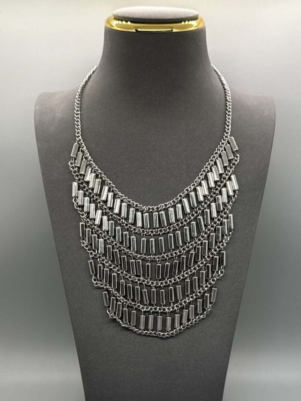 Silver Tone Multi-strand Tube Bar Statement Bib Necklace Layered Y2K Goth